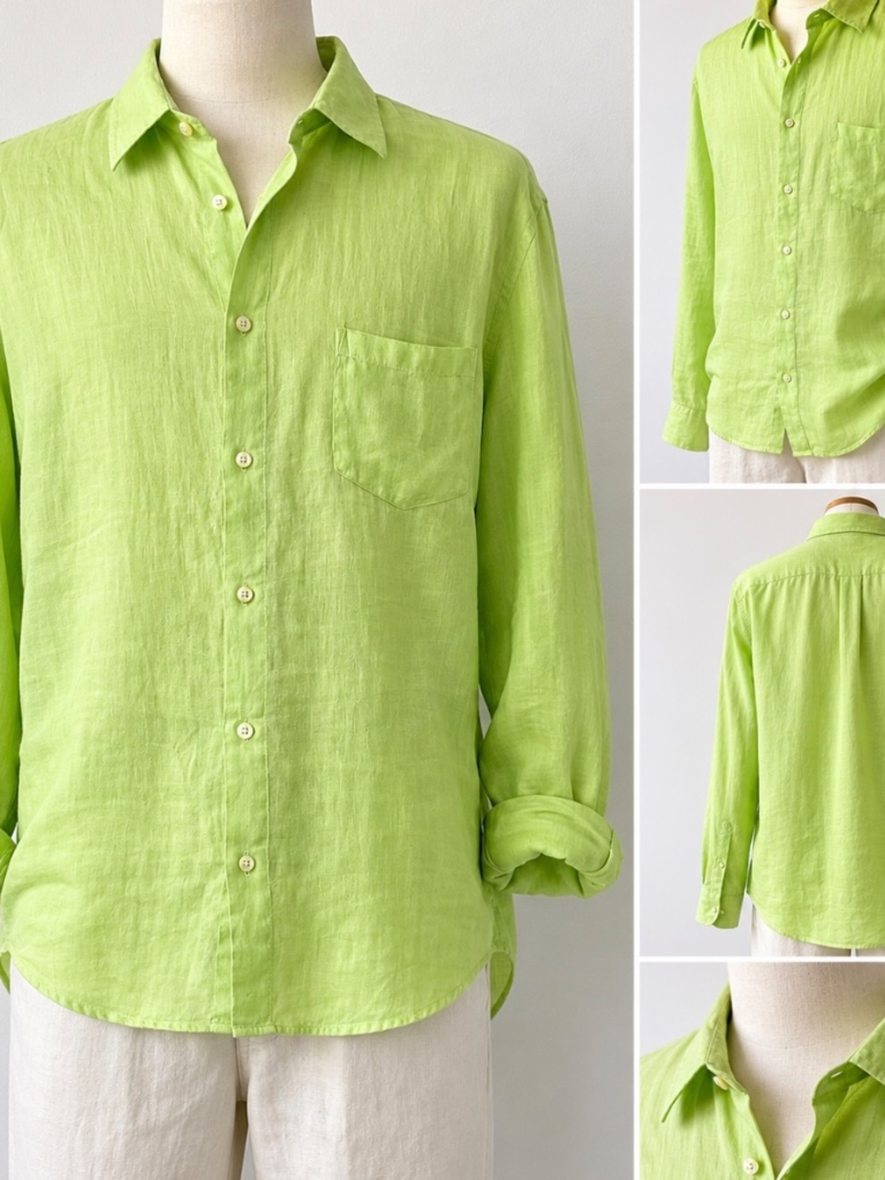 120% Lino Men's Linen Button-Front Shirt Lime Green Size XXL made in Italy